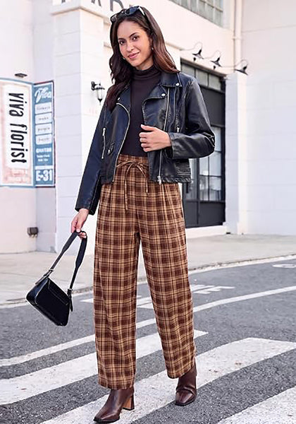 GRAPENT Women's High Waisted Plaid Barrel Pants | Tapered Wide Leg, Elastic Drawstring Waist, Front Pockets, Work Office Casual Fall Outfits