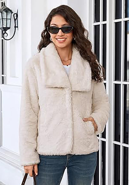 Cloud Cream Wide Lapel Faux Fur Coat for Women — Oversized Dropped Shoulder Jacket with Side Pockets & Snap Buttons