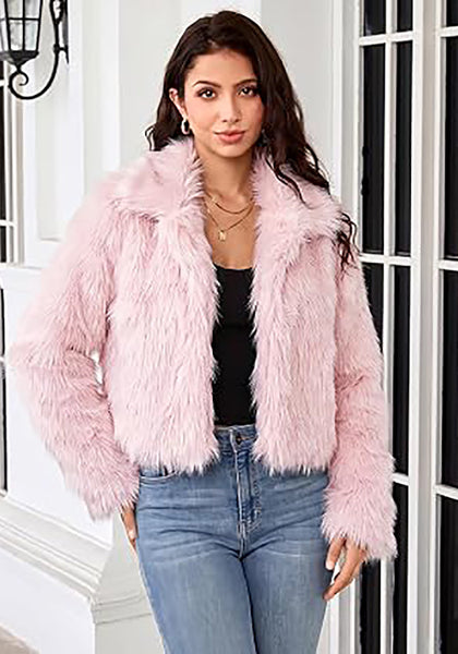 Pink Women's Solid Color Shaggy Faux Fur Jacket — Cropped Long Pile Coat with Lapel Collar, Hook Closure & Drop Shoulder