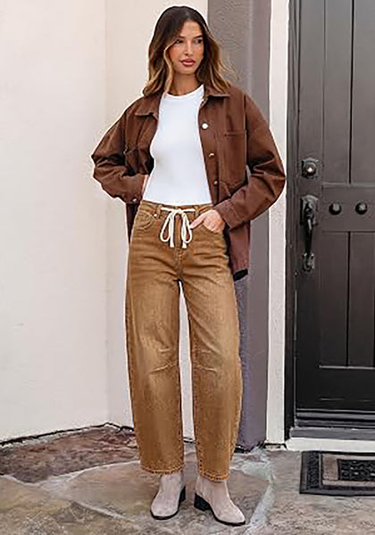 Golden Brown Barrel Jeans for Women High Waisted Baggy Drawstring Wide Leg Denim Pants Stretchy Ankle Length 27.5 Inseam Casual Trendy