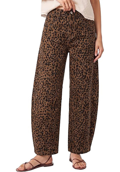 Brown Cheetah Women's Trendy Leopard Barrel Jeans — High Waisted Baggy Wide Leg Stretchy Denim Pants with Front Seam & Ankle Length