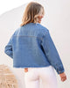 Medium Blue Women's Denim Collared Jacket With Flap Pocket Button UP Raw Hem Detail Long Sleeve Jean Jackets