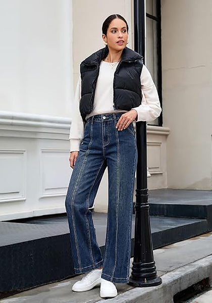 GRAPENT Women's High Waist Wide Leg Jeans | Stretchy Denim, Front Seam, 29.5" Inseam, 4 Pockets, Vintage Distressed, Country Concert Work Casual