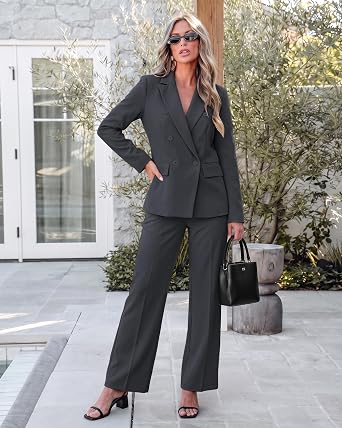 Charcoal Women's 2 Piece Double Breasted Pantsuit — Double Breasted, Wide Leg & Structured Shoulders, Professional Dressy Pantsuit Set, Office Chic, 2026 Fall Fashion