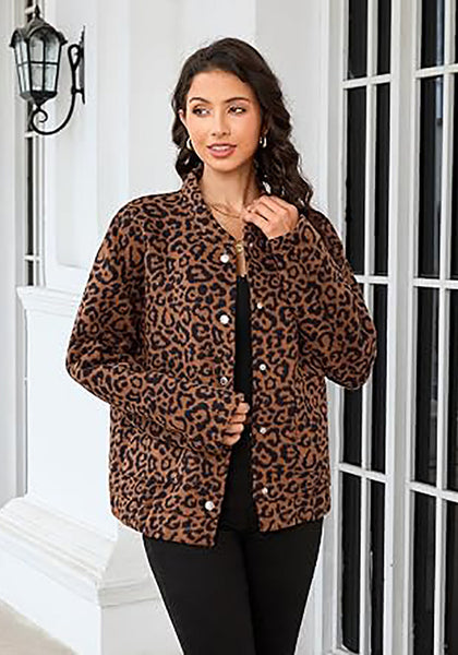 Brown Leopard Women's Leopard Print Bomber Jacket — Oversized Brushed Wool Blend Cheetah Jacket with Stand Collar, Snap Buttons & Elastic Hem