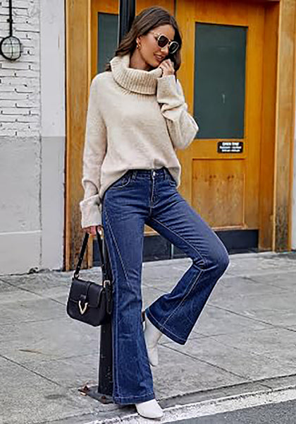 Nightfall Blue Flare Jeans for Women Mid Rise Bootcut Denim Pants Distressed Stretchy Retro Y2K Washed Date Night Outfit Nashville Western Style