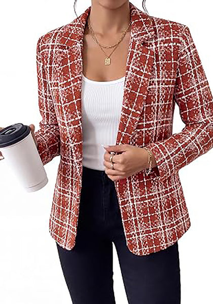 Black & Wine Red Women's Plaid Tweed Work Blazer | Long Sleeve Notched Lapel Jacket, Fully Lined, Shoulder Pads, Single Button, 2 Pockets – Office, Interview, Business Casual