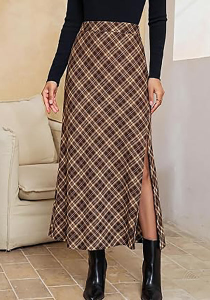 Brown & Khaki Women's Trendy Plaid Maxi Skirt — High Waisted A Line Long Skirt with Side Slit, Vintage Pattern & Back Elastic Waist