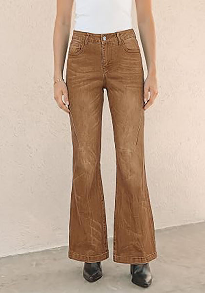 Golden Brown Flare Jeans for Women Mid Rise Bootcut Denim Pants Distressed Stretchy Retro Y2K Washed Date Night Outfit Nashville Western Style
