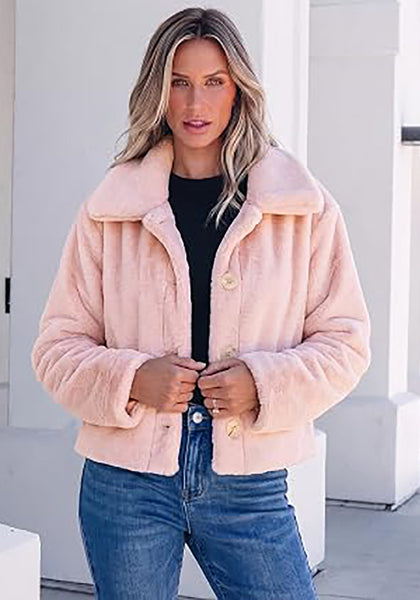 Pink Women's Cropped Fluffy Faux Fur Coat — Oversized Lapel Jacket with Button Down Closure & Warm Lining
