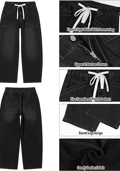 GRAPENT Women's High Waisted Barrel Jeans | Stretchy Denim, Elastic Drawstring Waist, 27.5" Inseam, Front Patch Pockets, Dressy Casual Outfits