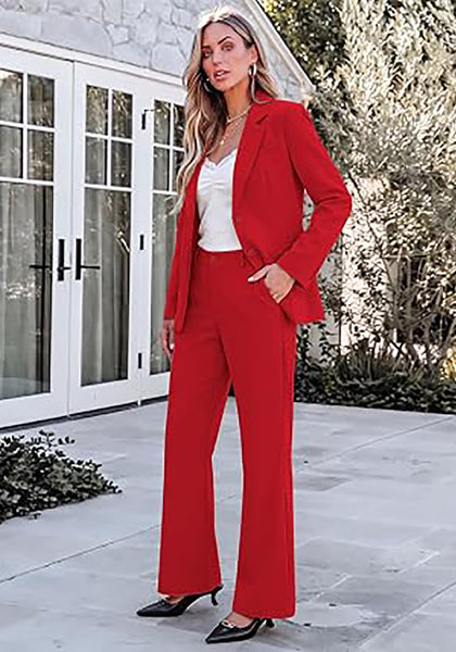 Red Women's 2 Piece Pant Suits, Business Casual Buttoned Blazer and High Waisted Bootcut Pants Set, 29" Inseam Professional Office Fall Teacher Outfits