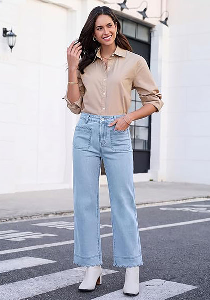 GRAPENT Women's High Waisted Scalloped Ankle Jeans | Stretchy Denim, Straight Wide Leg, 27.5" Inseam, Patched Pockets, Work Office Dressy Casual