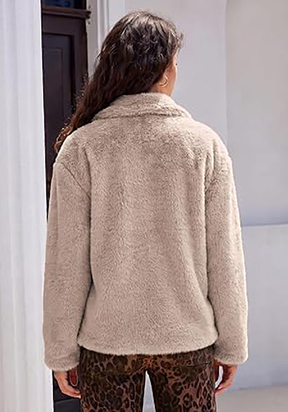 Khaki Wide Lapel Faux Fur Coat for Women — Oversized Dropped Shoulder Jacket with Side Pockets & Snap Buttons