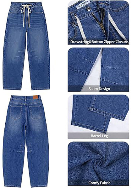 Classic Blue Barrel Jeans for Women High Waisted Baggy Drawstring Wide Leg Denim Pants Stretchy Ankle Length 27.5 Inseam Casual Trendy