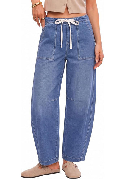 GRAPENT Women's High Waisted Baggy Barrel Jeans | Stretchy Denim, Elastic Drawstring Waist, Pull On, 27.5" Inseam, Ankle Length, Dressy Casual Outfits
