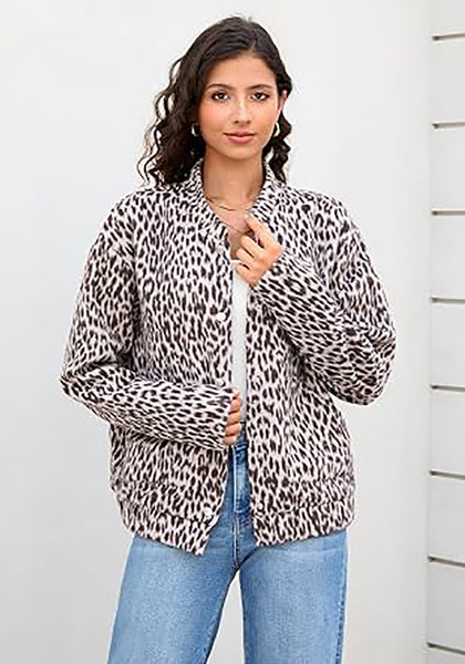 Light Grey Cheetah Women's Leopard Print Bomber Jacket — Oversized Brushed Wool Blend Cheetah Jacket with Stand Collar, Snap Buttons & Elastic Hem