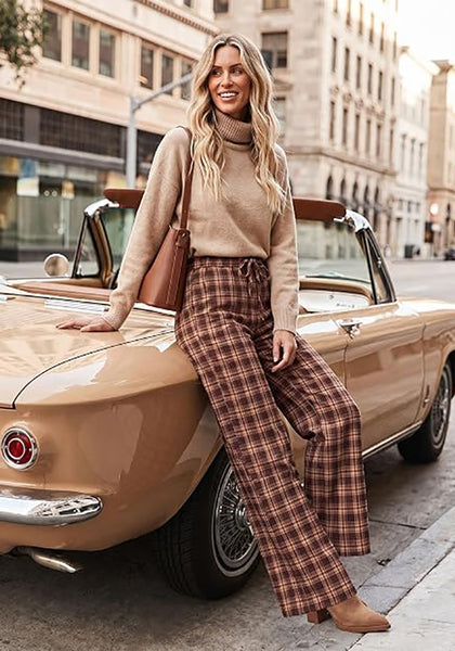 GRAPENT Women's High Waisted Wide Leg Plaid Pants | Tartan Pattern, Elastic Waist Drawstring, Pockets, Relaxed Fit, Casual Daily Fall Outfits