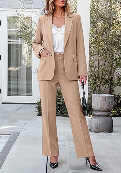 Khaki Women's 2 Piece Blazer Pants Suit, Business Casual Long Sleeve Belted Double Breasted Blazer & Elastic High Waisted Flared Pants Set, Dressy Office Work Outfits