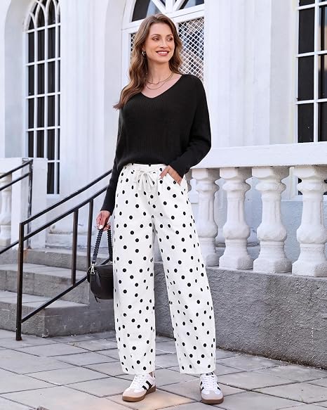 GRAPENT Women's High Rise Polka Dot Barrel Jeans | Stretch Denim, Elastic Drawstring Waist, 27" Inseam, Cropped, Dressy Casual Daily Wear