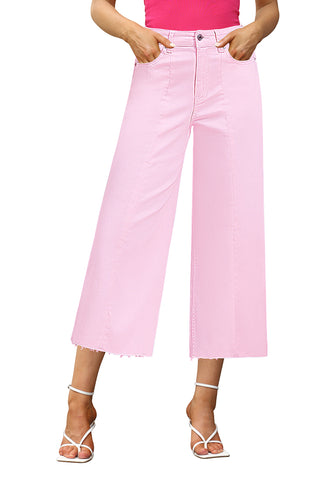 Candy Pink Women's High Waisted Denim Capri Pants Seamed Front Raw Hem