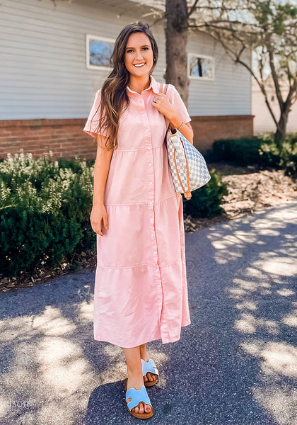 Gossamer Pink Women's Button Down Casual Babydoll Vacation Denim Long Dresses