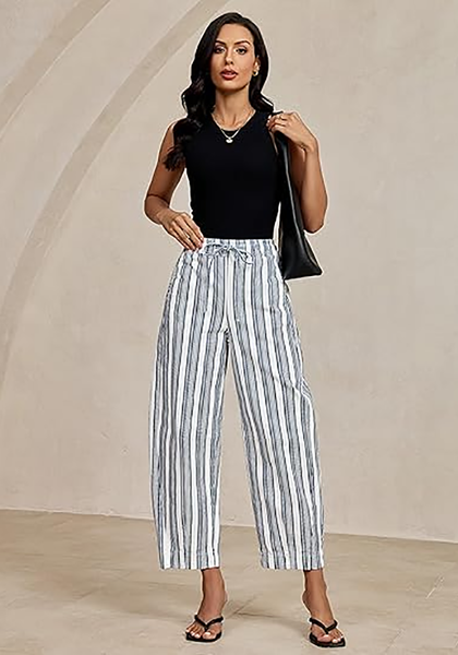 LookbookStore Women's White Blue Stripe Cropped Barrel Jeans High Waist Elastic Pull On Wide Leg Casual Stretch Denim Pants