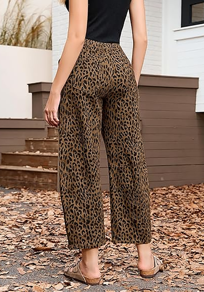 Women's Leopard Print Wide Leg Pants with Drawstring Elastic Waist Casual Loose Trousers for Summer Lounge & Vacation