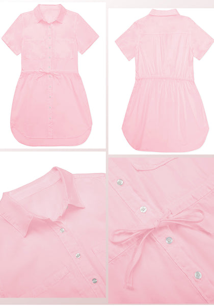 Light Pink Elastic Waist Curved Hem Button Down Denim Shirt Dress