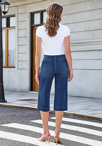 LookbookStore Women's Classic Blue High Waisted Wide Leg Capri Pants Stretchy Denim Jeans Side Seam Design Casual Summer Trendy Style