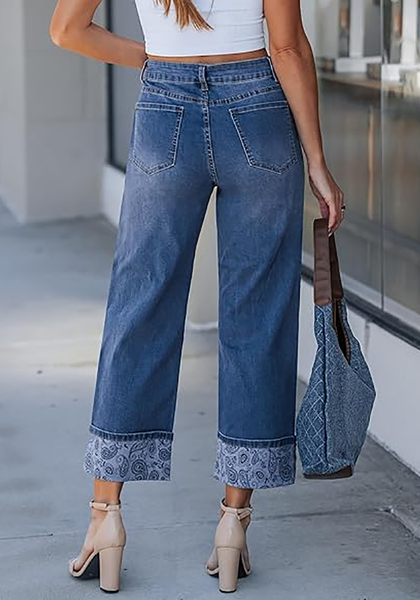 LookbookStore Women's Paisley Turquoise Blue High Waisted Cropped Wide Leg Jeans Trendy Printed Fold Hem Loose Straight Stretchy Denim Pants