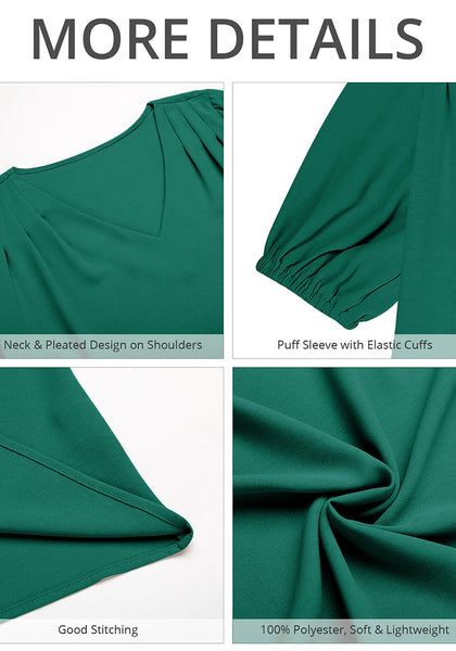 Alpine Green Women's Puff Sleeve V-Neck Blouses Business Casual Work Tops