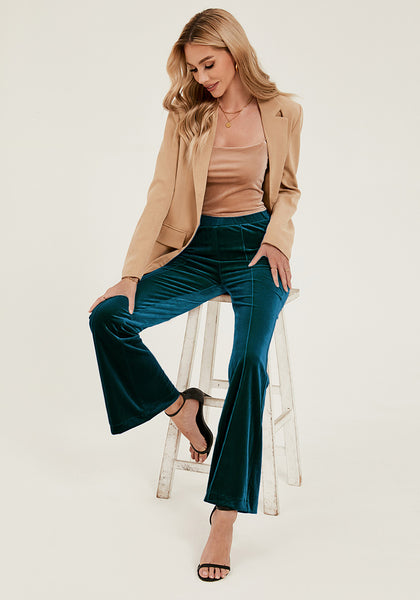 Dark Green Women Elastic Waist High Waisted Flare Seam Slack Pant