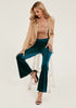Dark Green Women Elastic Waist High Waisted Flare Seam Slack Pant