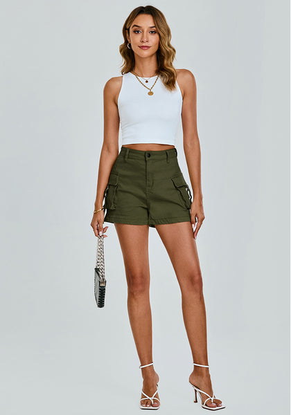 Olive Green Women's High Waisted Cargo Shorts With Pockets Casual Summer Shorts Stretchy Short Pants