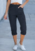 Navy Blue Women's High Wasited Cargo Pants Cuffed Hem Elastic Waist Capri Pants With Pockets