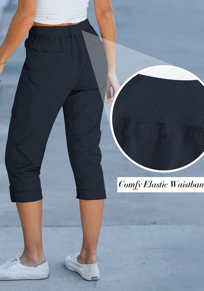 Navy Blue Women's High Wasited Cargo Pants Cuffed Hem Elastic Waist Capri Pants With Pockets