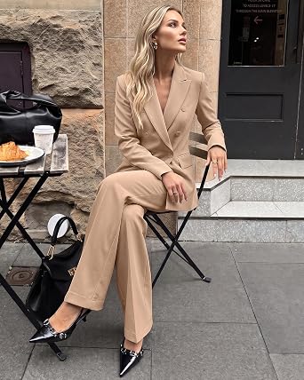 Beige Women's 2 Piece Double Breasted Pantsuit — Double Breasted, Wide Leg & Structured Shoulders, Professional Dressy Pantsuit Set, Office Chic, 2026 Fall Fashion