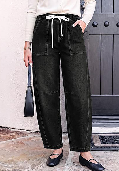 GRAPENT Women's High Waisted Baggy Barrel Jeans | Stretchy Denim, Elastic Drawstring Waist, Pull On, 27.5" Inseam, Ankle Length, Dressy Casual Outfits
