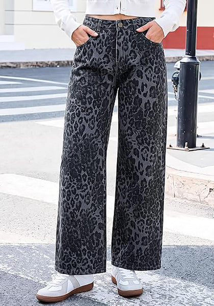 GRAPENT Women's High Waist Wide Leg Leopard Jeans | Stretchy Denim, Baggy Loose Fit, 29.5" Inseam, Cheetah Print, Western Chic Outfits