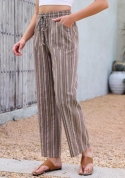 LookbookStore Brown Stripe High Waisted Wide Leg Pants for Women Drawstring Waist Casual Comfort Pants