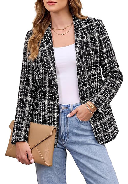 GRAPENT Women's Tweed Plaid Blazer | Notched Lapel, Fully Lined, Shoulder Pads, Single Button, 2 Pockets, Interview Office Business Casual