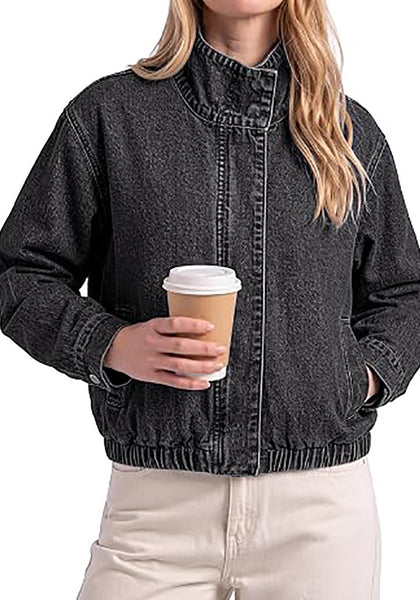 Washed Black Women's Funnel Neck Denim Jacket — Oversized Zip Up Jean Jacket with Drop Shoulder, Elastic Hem & Side Slant Pockets