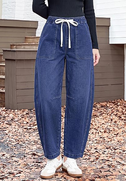 GRAPENT Women's High Waisted Baggy Barrel Jeans | Stretchy Denim, Elastic Drawstring Waist, Pull On, 27.5" Inseam, Ankle Length, Dressy Casual Outfits
