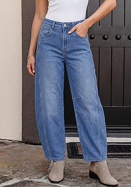 Medium Blue Women's High Waisted Wide Leg Jeans by luvamia — Stretchy 90s Baggy Straight Denim, Raw Hem, Button Front, 29.5" Inseam, Casual Western Work Pants