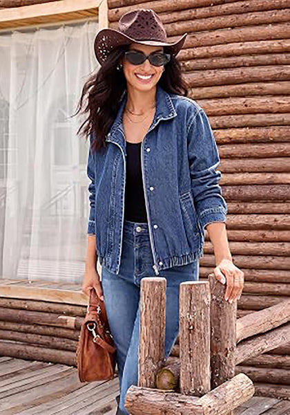Classic Blue Women's Funnel Neck Denim Jacket — Oversized Zip Up Jean Jacket with Drop Shoulder, Elastic Hem & Side Slant Pockets
