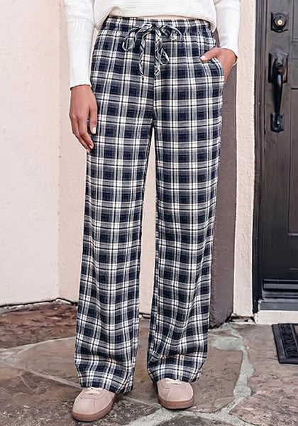 GRAPENT Women's High Waisted Wide Leg Plaid Pants | Tartan Pattern, Elastic Waist Drawstring, Pockets, Relaxed Fit, Casual Daily Fall Outfits