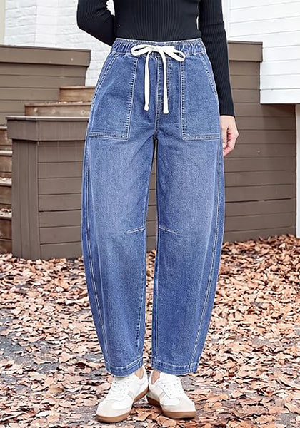 GRAPENT Women's High Waisted Baggy Barrel Jeans | Stretchy Denim, Elastic Drawstring Waist, Pull On, 27.5" Inseam, Ankle Length, Dressy Casual Outfits