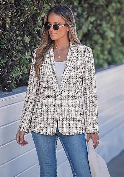 GRAPENT Women's Tweed Plaid Blazer | Notched Lapel, Fully Lined, Shoulder Pads, Single Button, 2 Pockets, Interview Office Business Casual