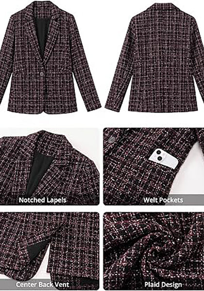 Black & Wine Red Women's Plaid Tweed Work Blazer | Long Sleeve Notched Lapel Jacket, Fully Lined, Shoulder Pads, Single Button, 2 Pockets – Office, Interview, Business Casual